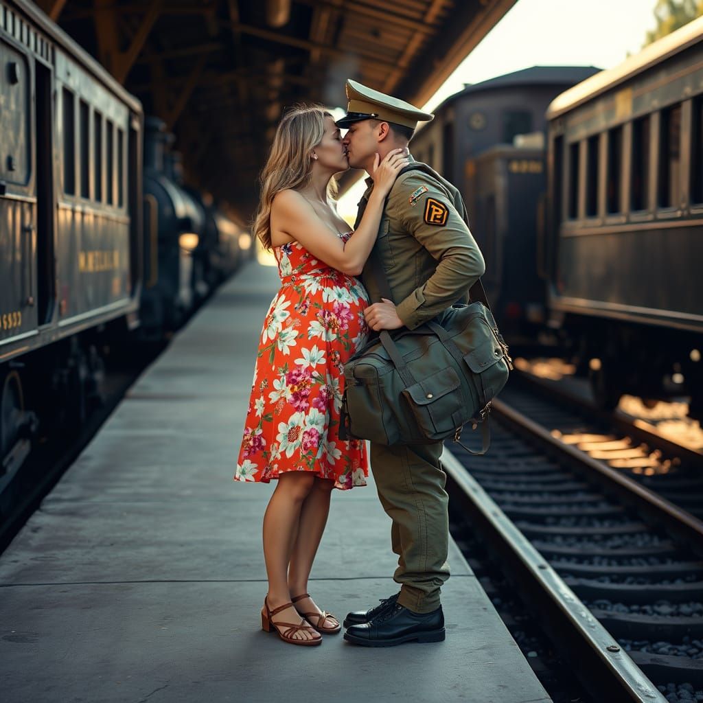 Tender Farewell on a Vintage Train Platform