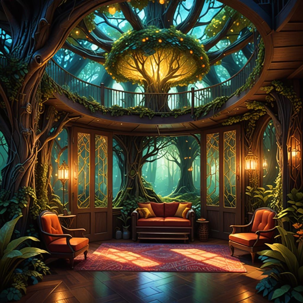 Cozy Elvish Treehouse with Luminescent Fractals