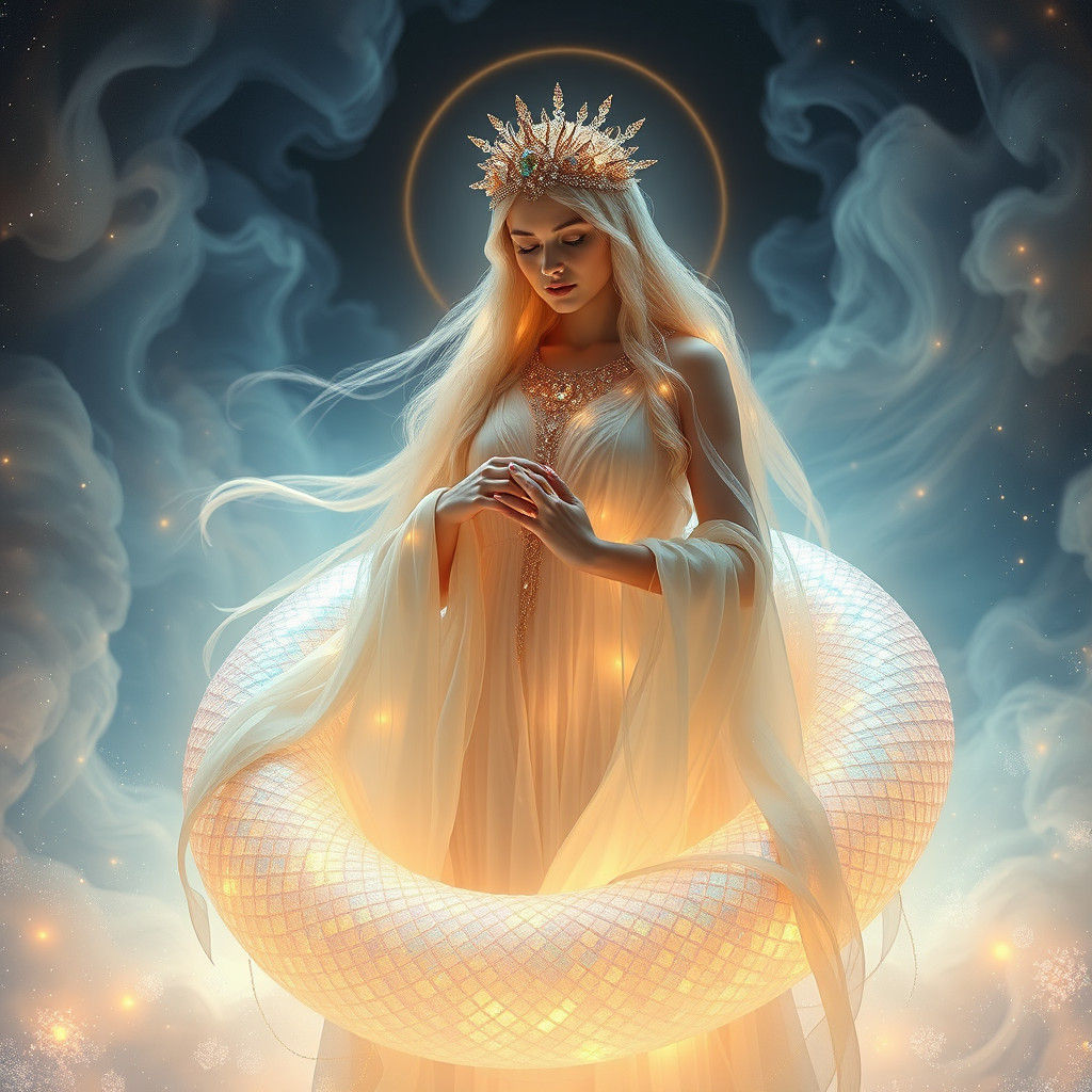 Ethereal Goddess with Iridescent Serpent in Surreal Style
