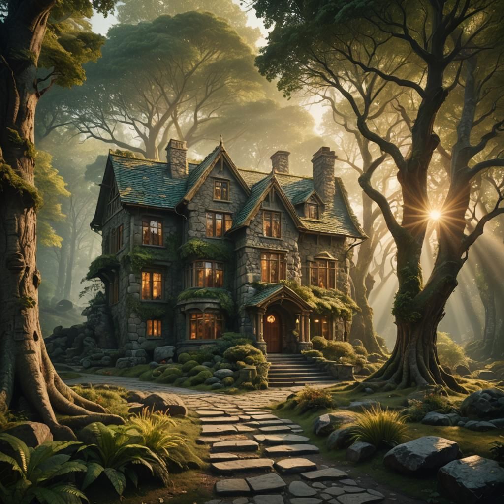Fantasy Stone House in Woods, Digital Matte Painting