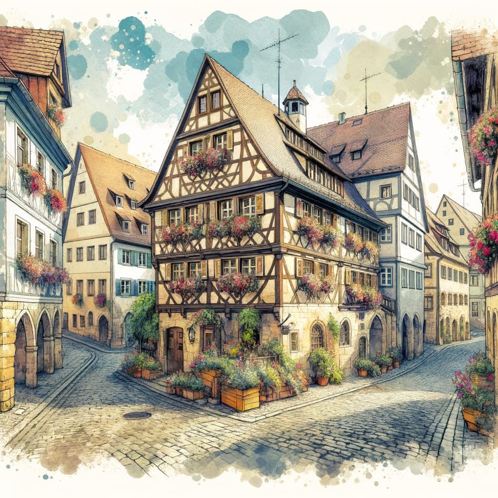 Charming German Oldtown in Watercolor Style