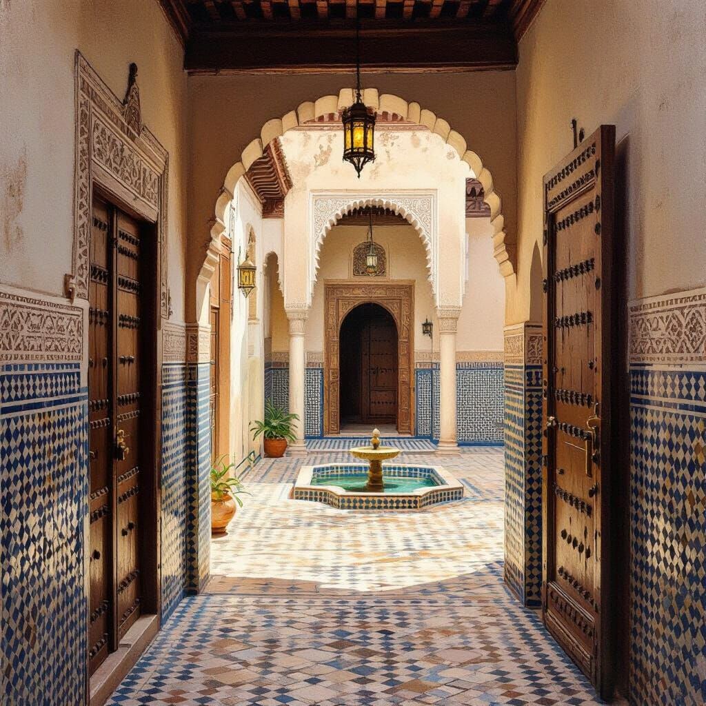 Realistic Oil Painting of Ancient Fez Alleyway
