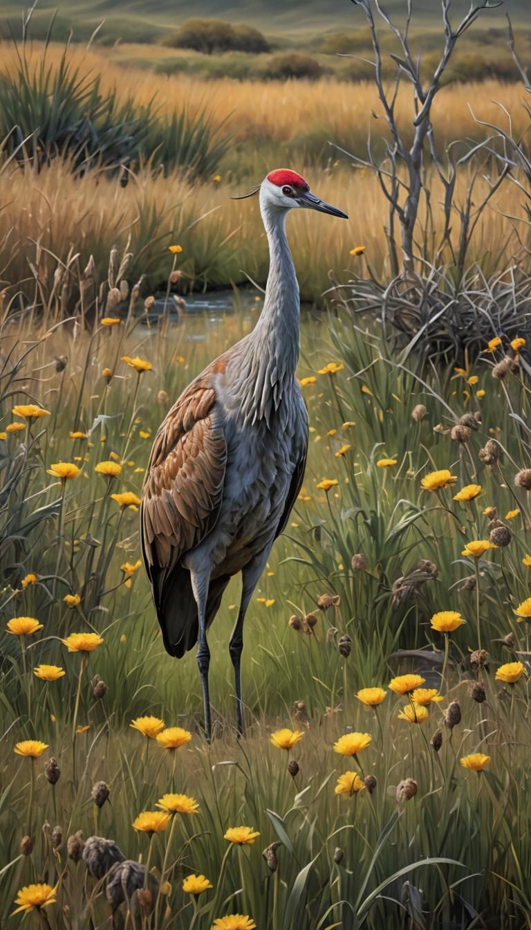 Sandhill Crane in Grassy Field: Digital Matte Painting
