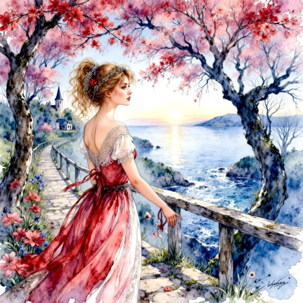 Ethereal Seascape with Woman in Watercolor Style