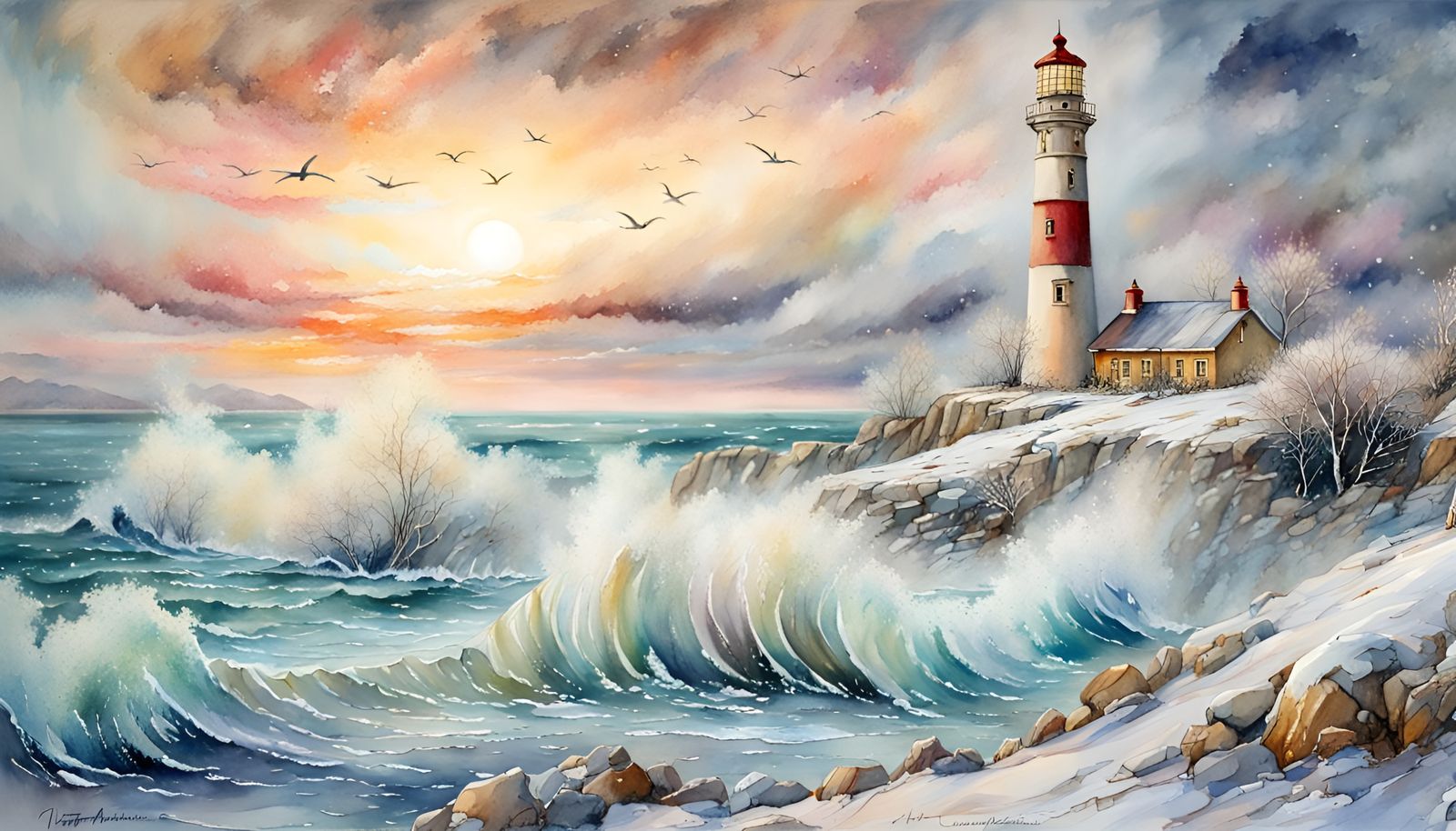 Winter Seascape Lighthouse in Watercolor Style