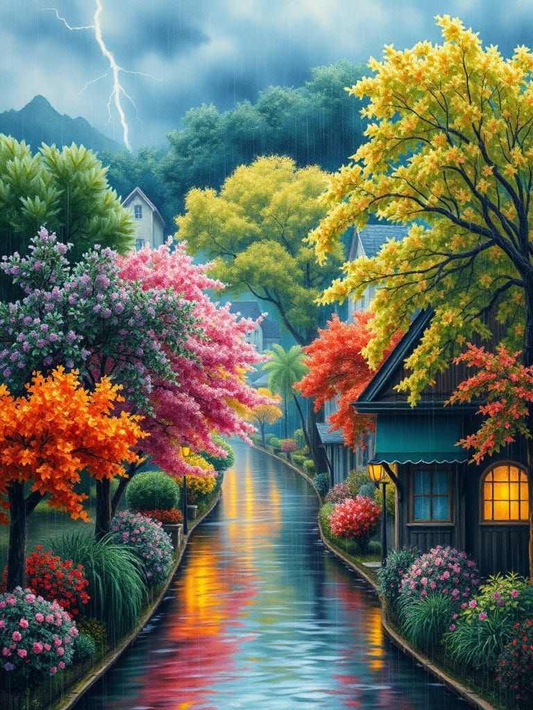 Rainy Village: Watercolor Painting in Art Nouveau Style