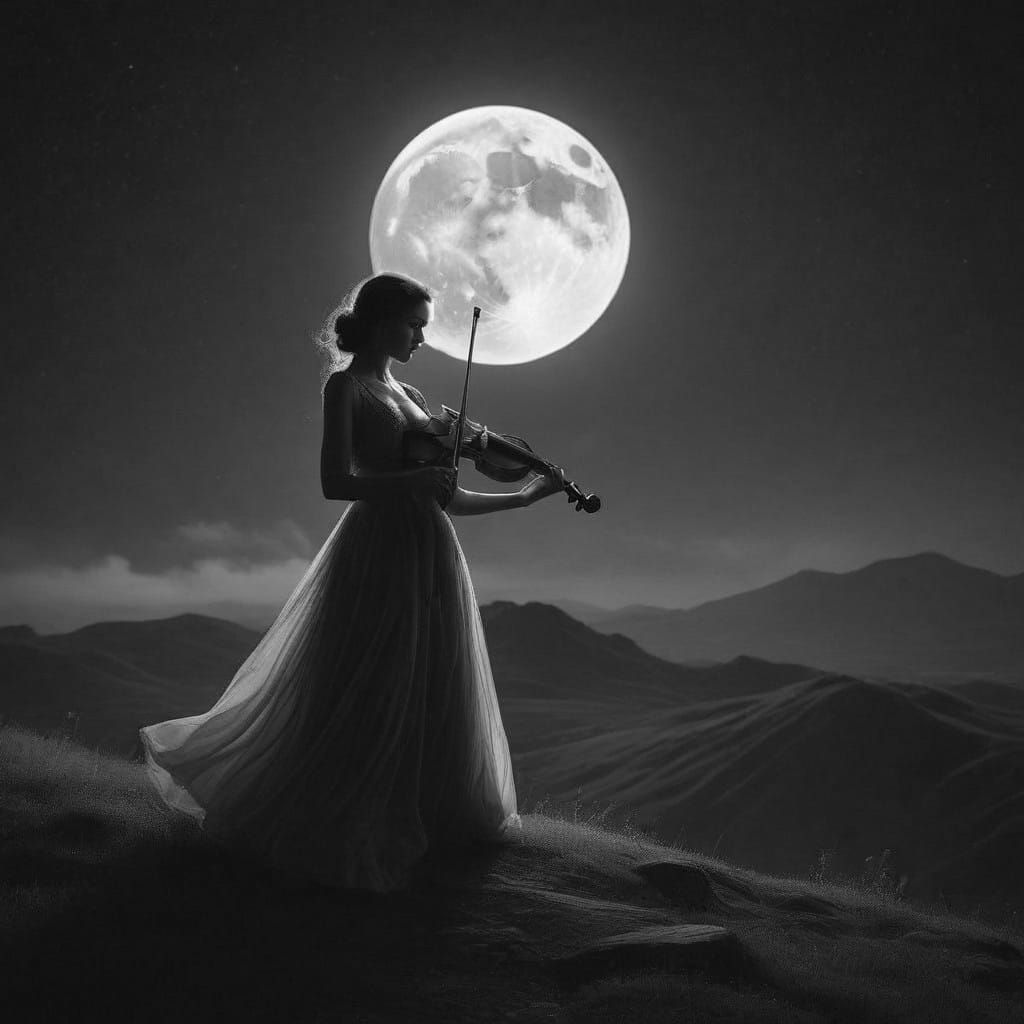 Lonely Woman Plays Violin Under Starry Night Sky