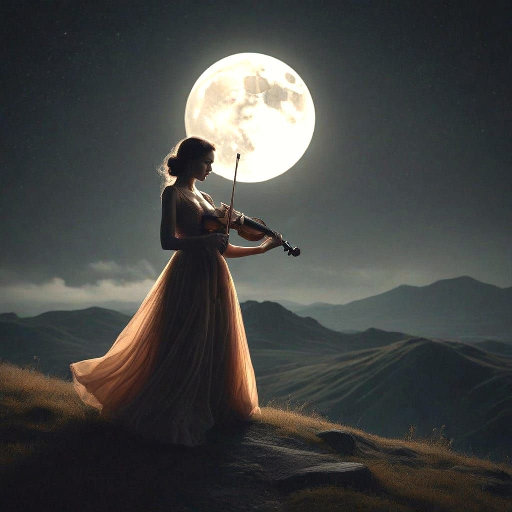 Ethereal Woman Plays Violin Under Vibrant Night Sky