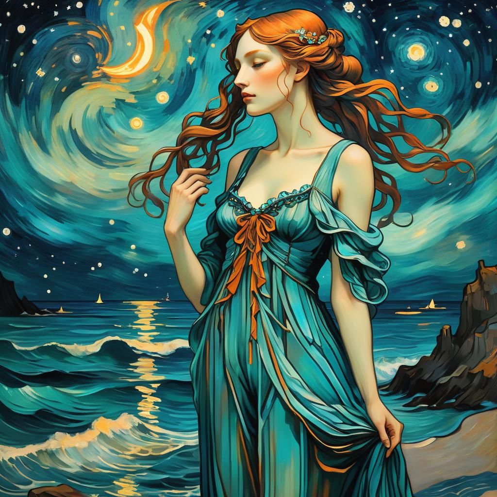 Atlantean Girl with Starry Night Sky, Art Nouveau