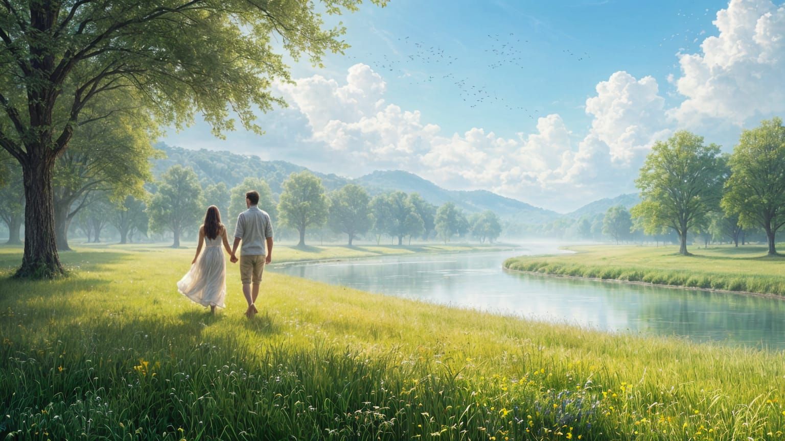 Idyllic Couple Strolls in a Serene Landscape