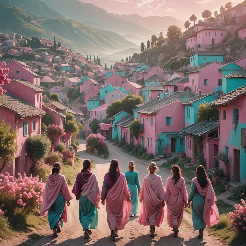 Pink Village: Dreamlike Art Nouveau Fantasy Landscape