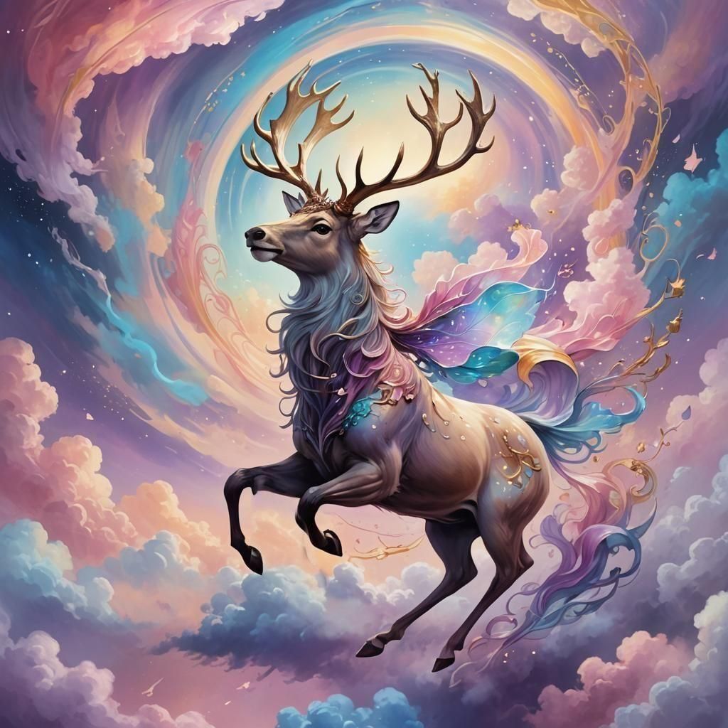 Fairy Rides Stag Through Colorful Sky