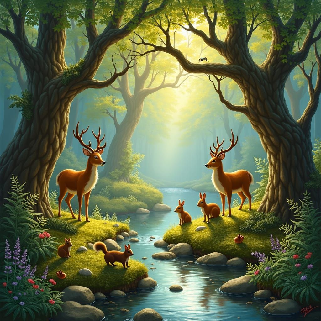Woodland Creatures Gather, Impressionistic Oil Painting