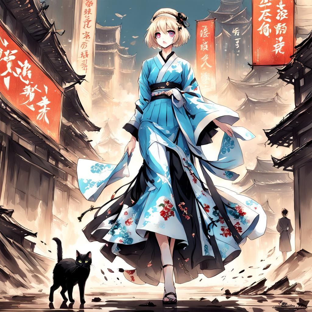 Anime Style Geisha with Cat in Destroyed World