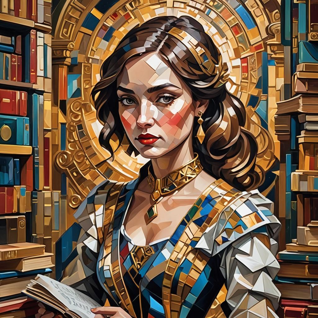 Belle in Cubist Library: Geometric Art Deco Portrait