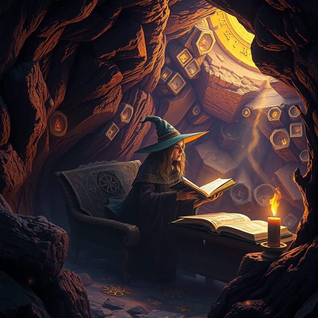 Dark Fantasy Witch in Mystical Cave