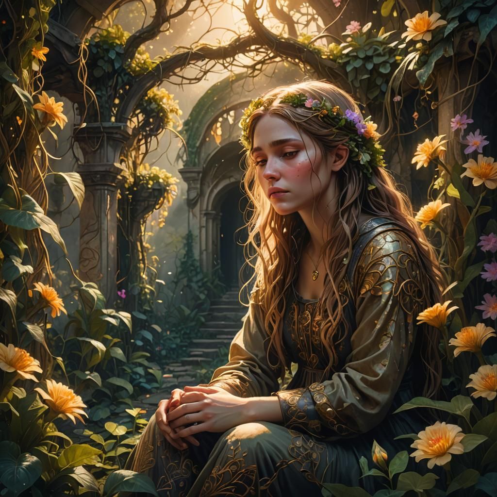 Mystical Garden: Surreal Fantasy Art Nouveau Portrait