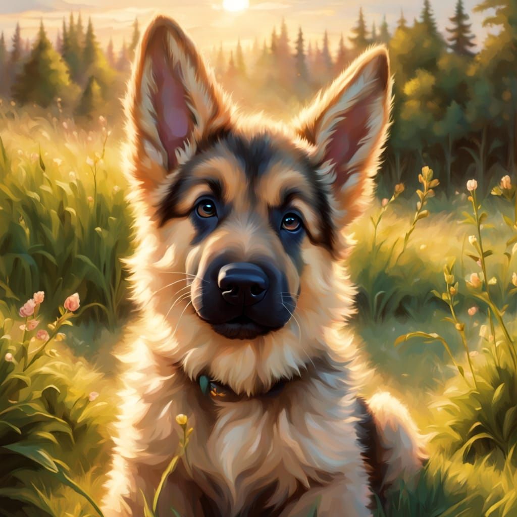 Cute German Shepherd Puppy in Golden Hour Field