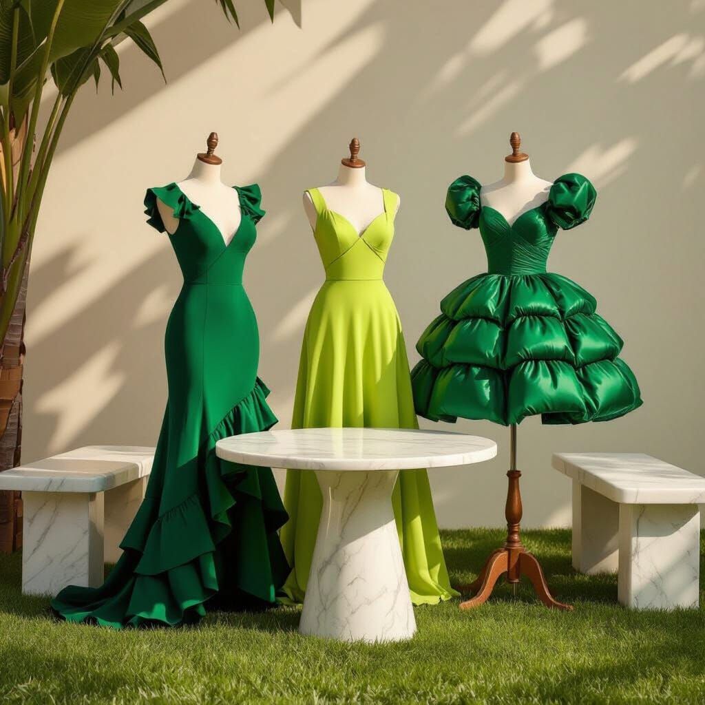 Elegant Dresses on Display: Deep Ocean, Lime, and Emerald Hu...