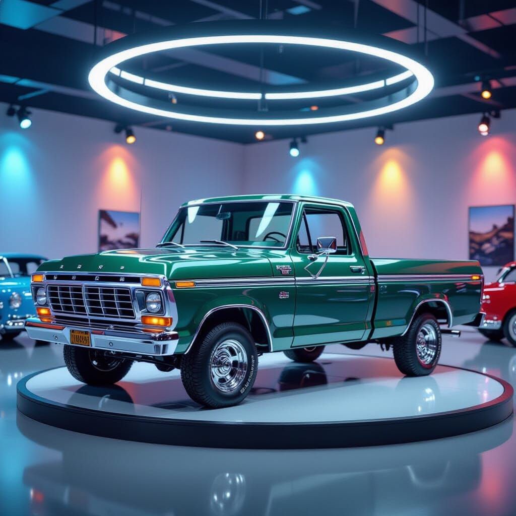 Green 1977 Ford F150 Show Truck on Turntable