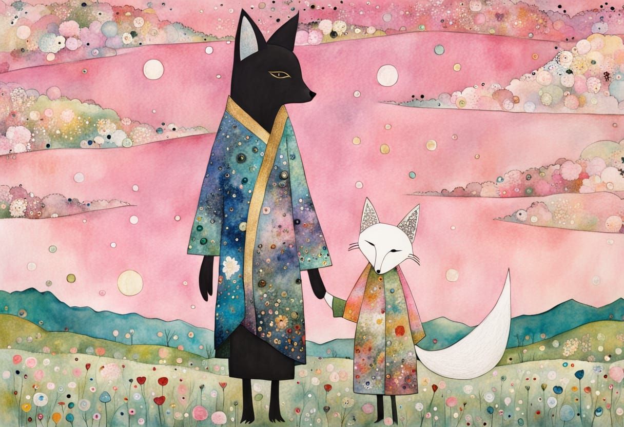 Regal Fox Spirit and Chibi Companion in Whimsical World