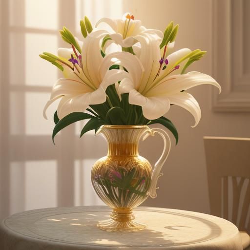 Crystal Vase Bouquet with Tea in Art Nouveau