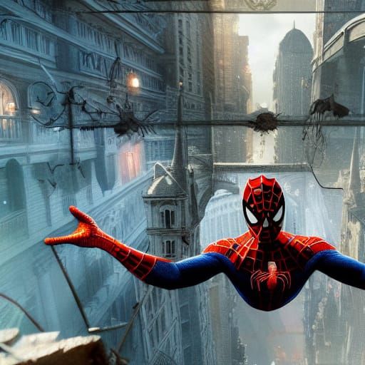 Spiderman saving the day, 8k resolution concept art art nouveau rococo architecture detailed matte painting hyperdetaile...