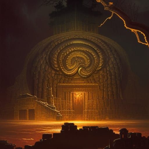 Eerie Temples Lit by Torchlight in Frazetta Style