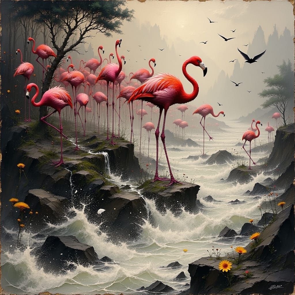Flamingos Chase Frogs Down Raging River in Charcoal Style