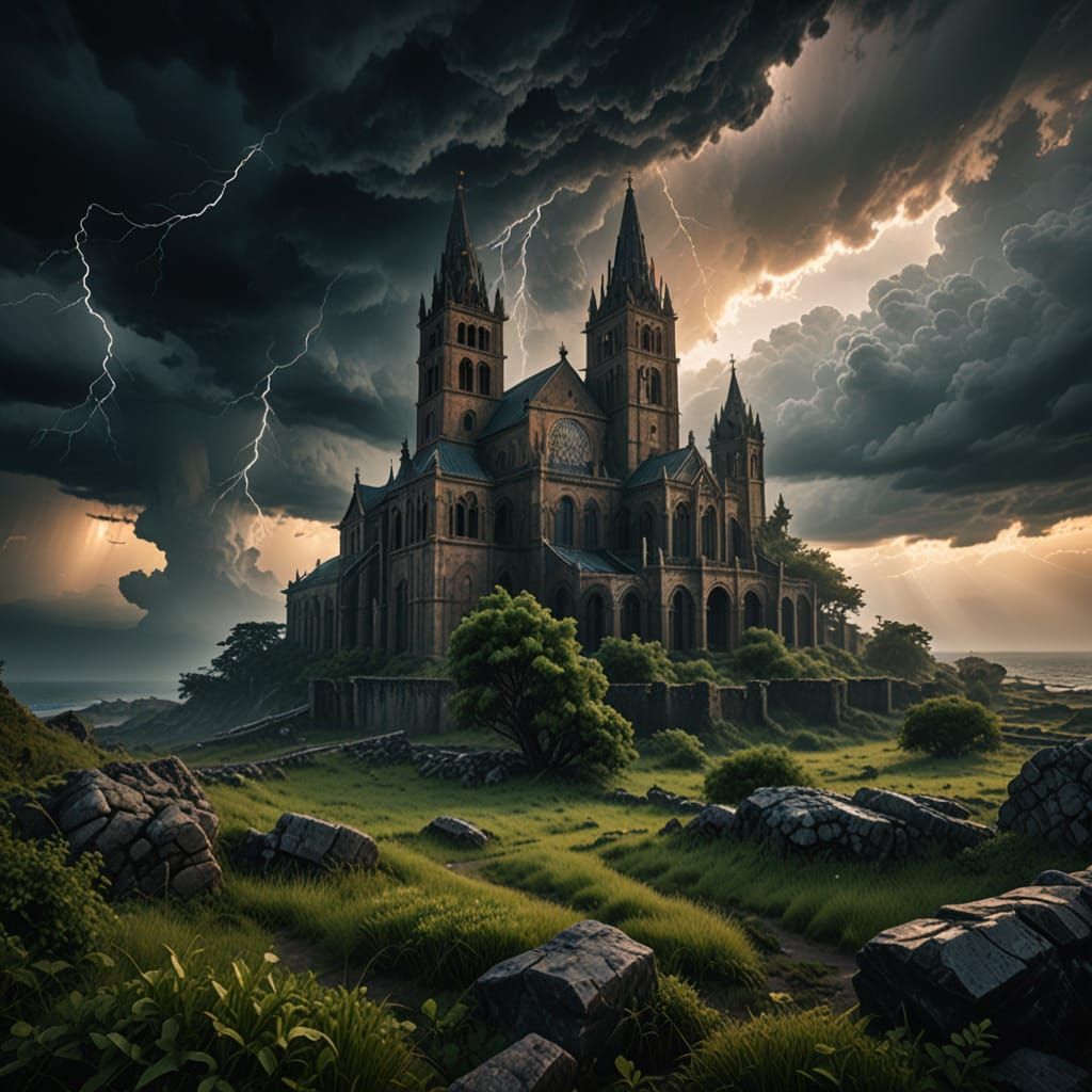 Epic Cathedral City in Golden Hour Storm