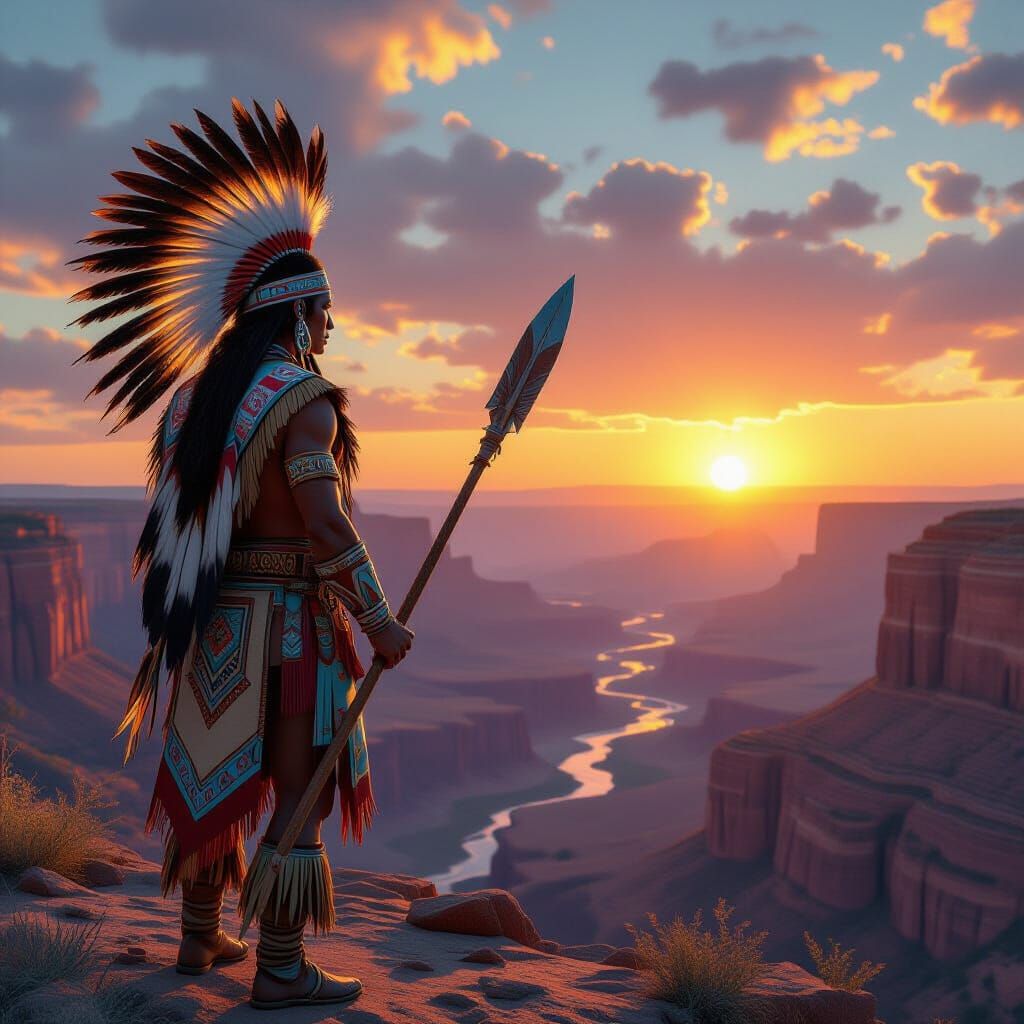 Native American Warrior Overlooking Canyon at Dawn
