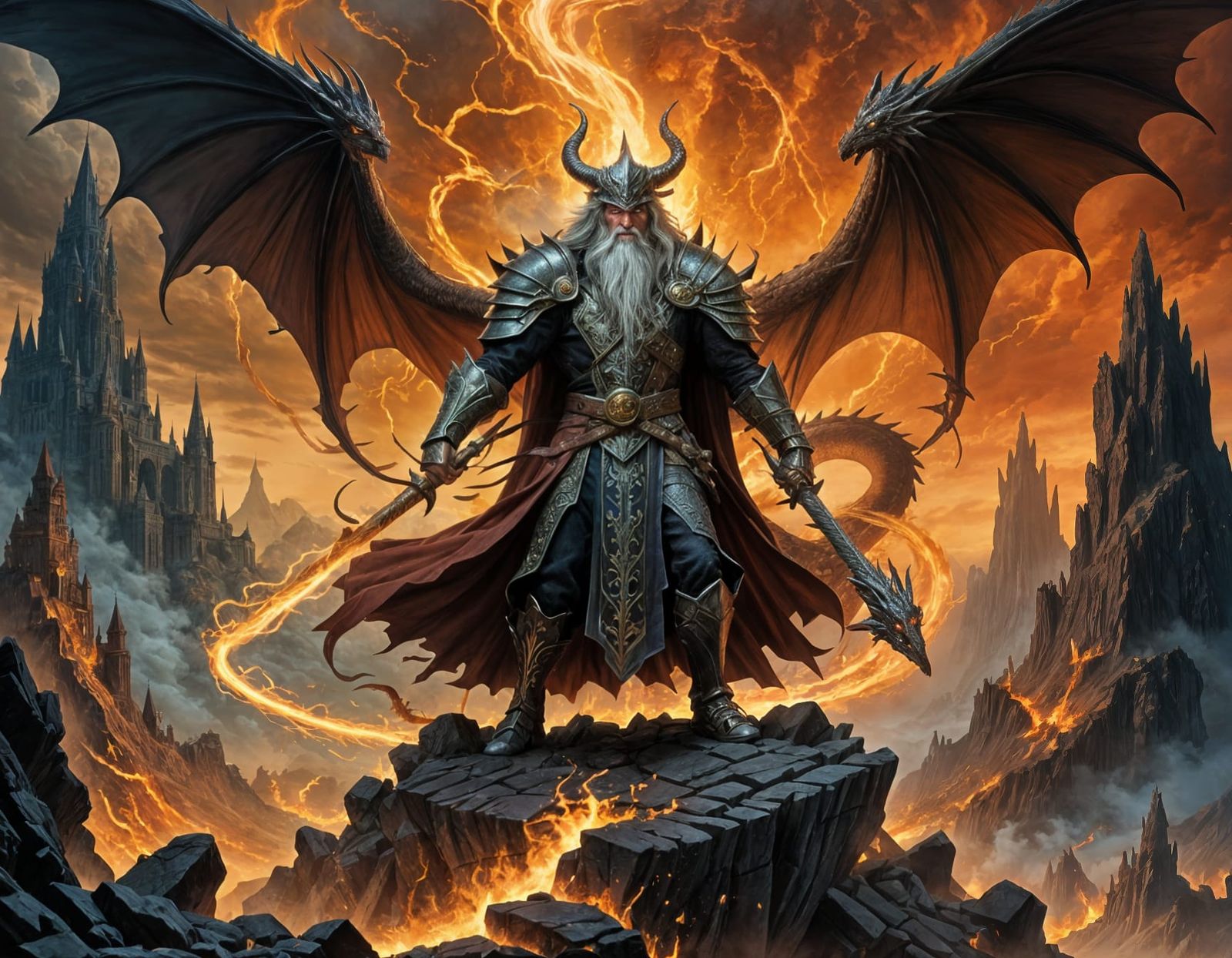 Ethereal Wizard Confronts Majestic Dragon in Cosmic Landscap...