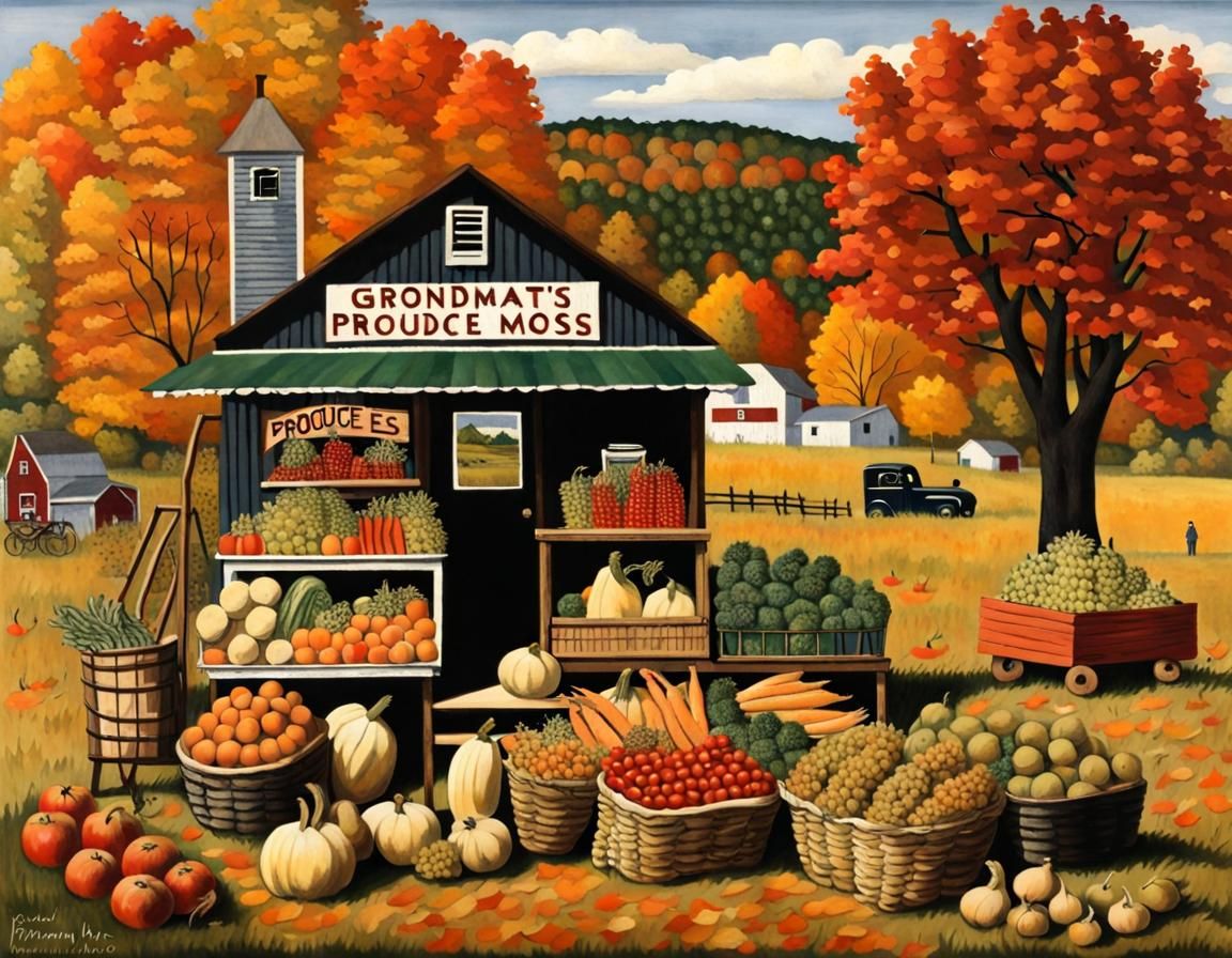 Nostalgic Fall Produce Stand in Folk Art Style