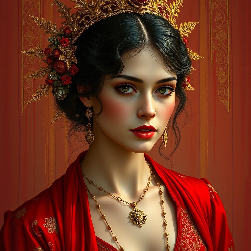 Lady in Red: A Klimt-Inspired Portrait