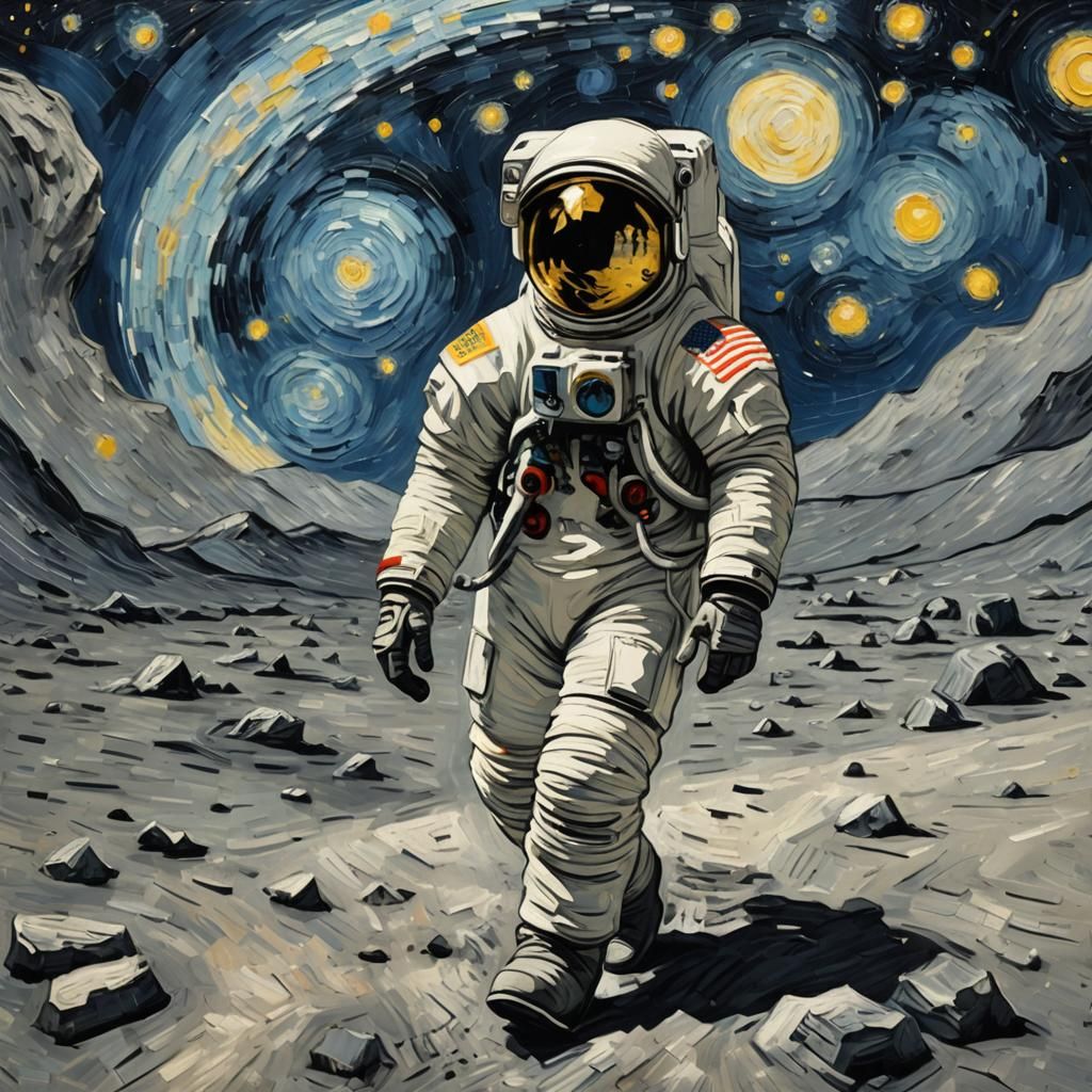 Astronaut on Moon in Starry Night Style