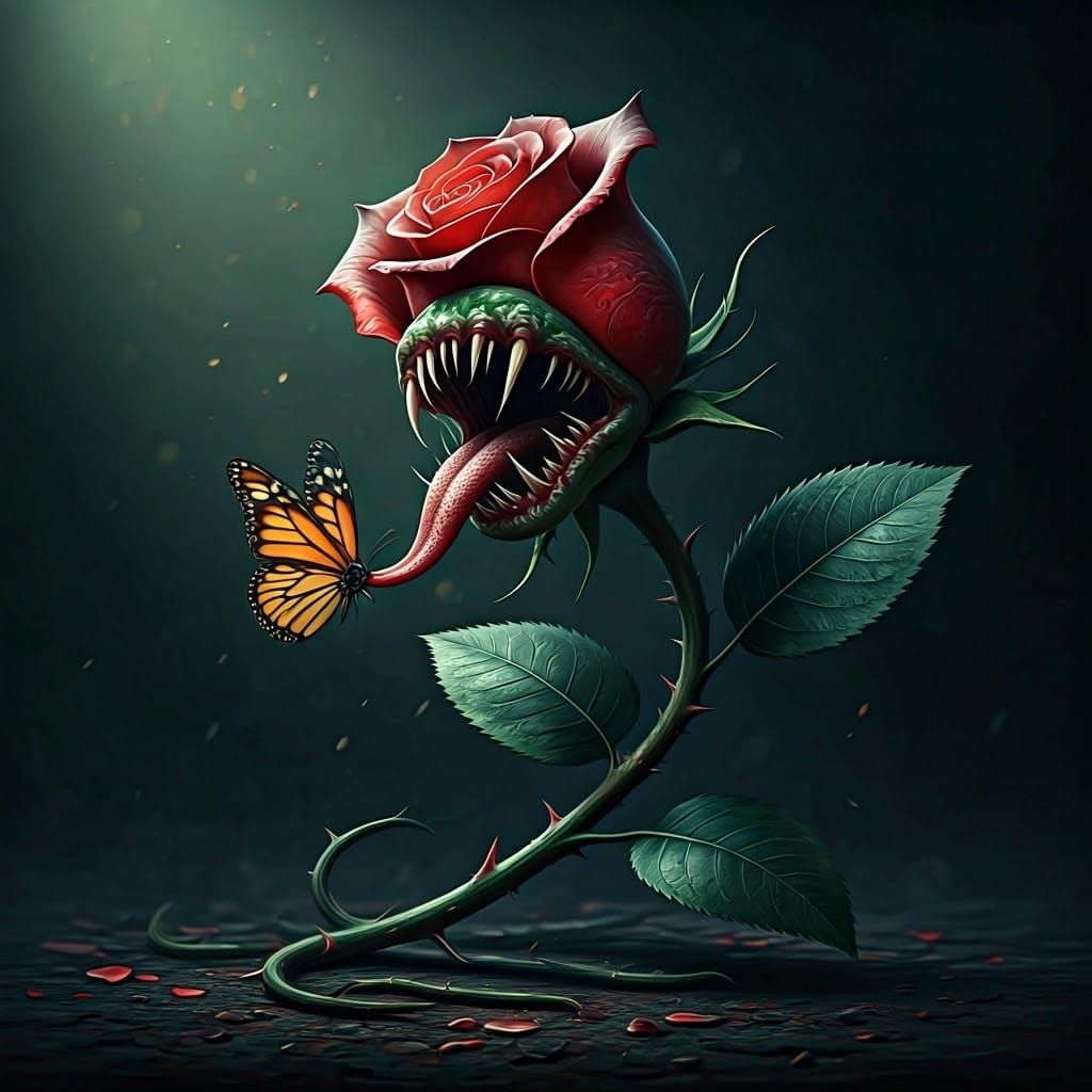 Carnivorous Rose Devours Iridescent Butterfly in Stunning Re...