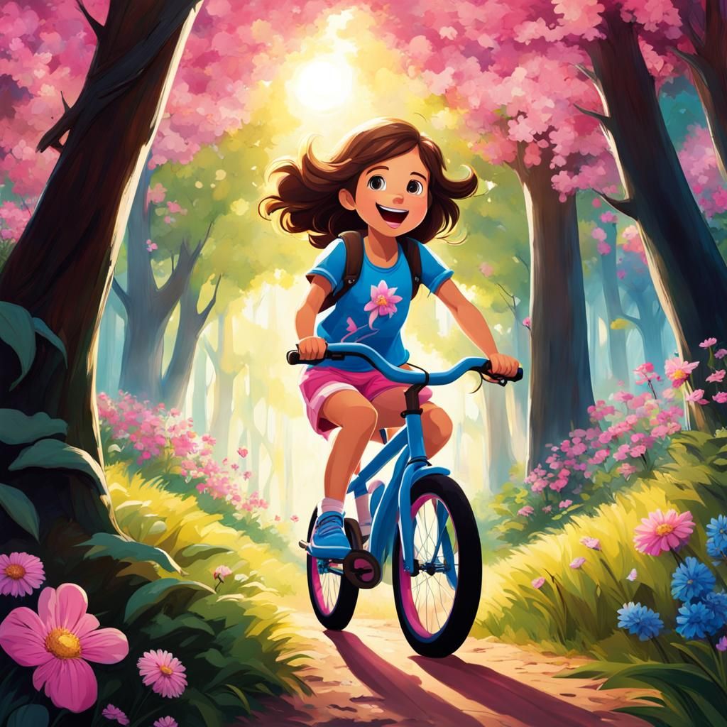 Girl on Bike in Colorful Forest with Dog