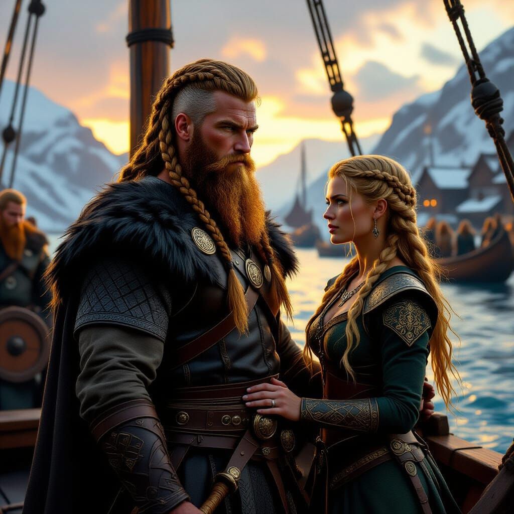 Viking Warrior Surveys Kattegat with Shield Maiden
