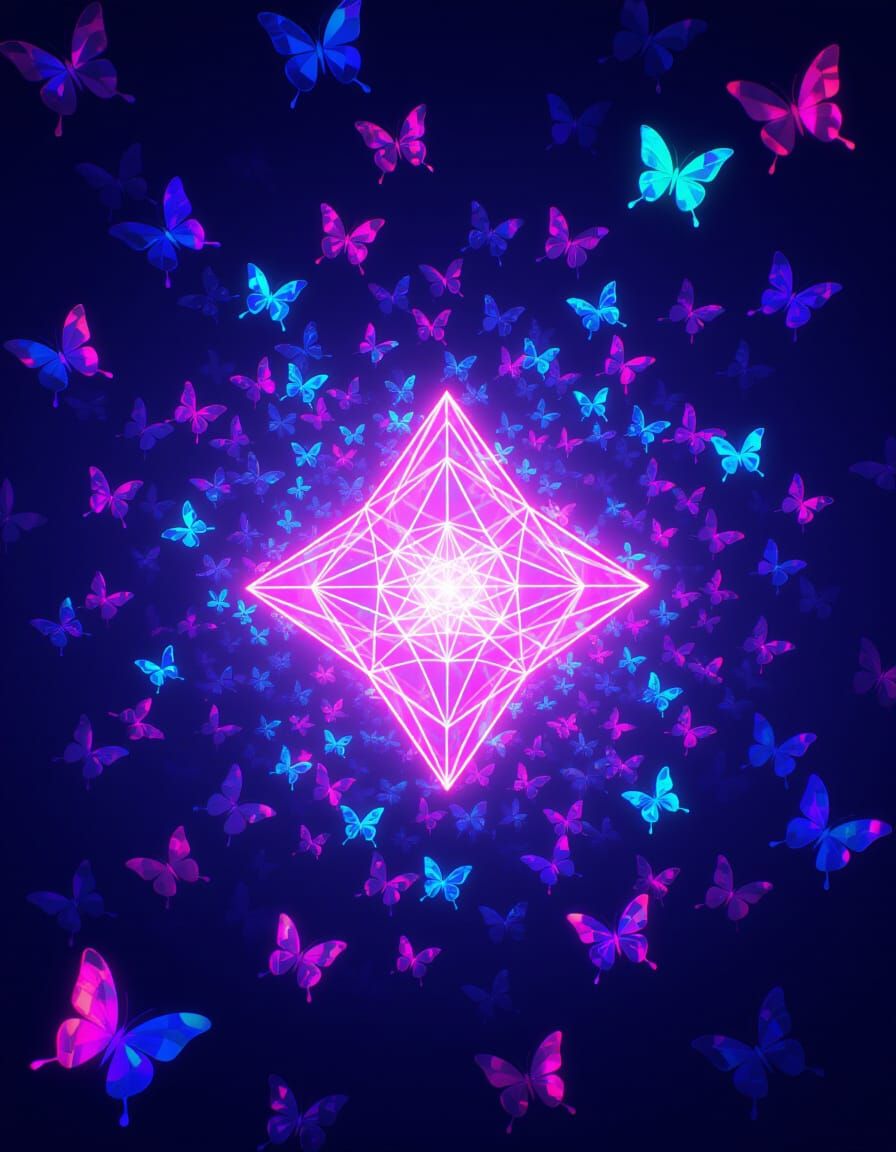 Luminescent Butterflies Dance Around Glowing Shape in Cosmic...