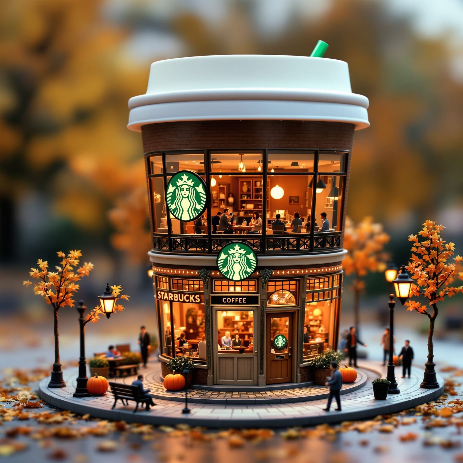 Whimsical Miniature Starbucks Building on Autumn Street