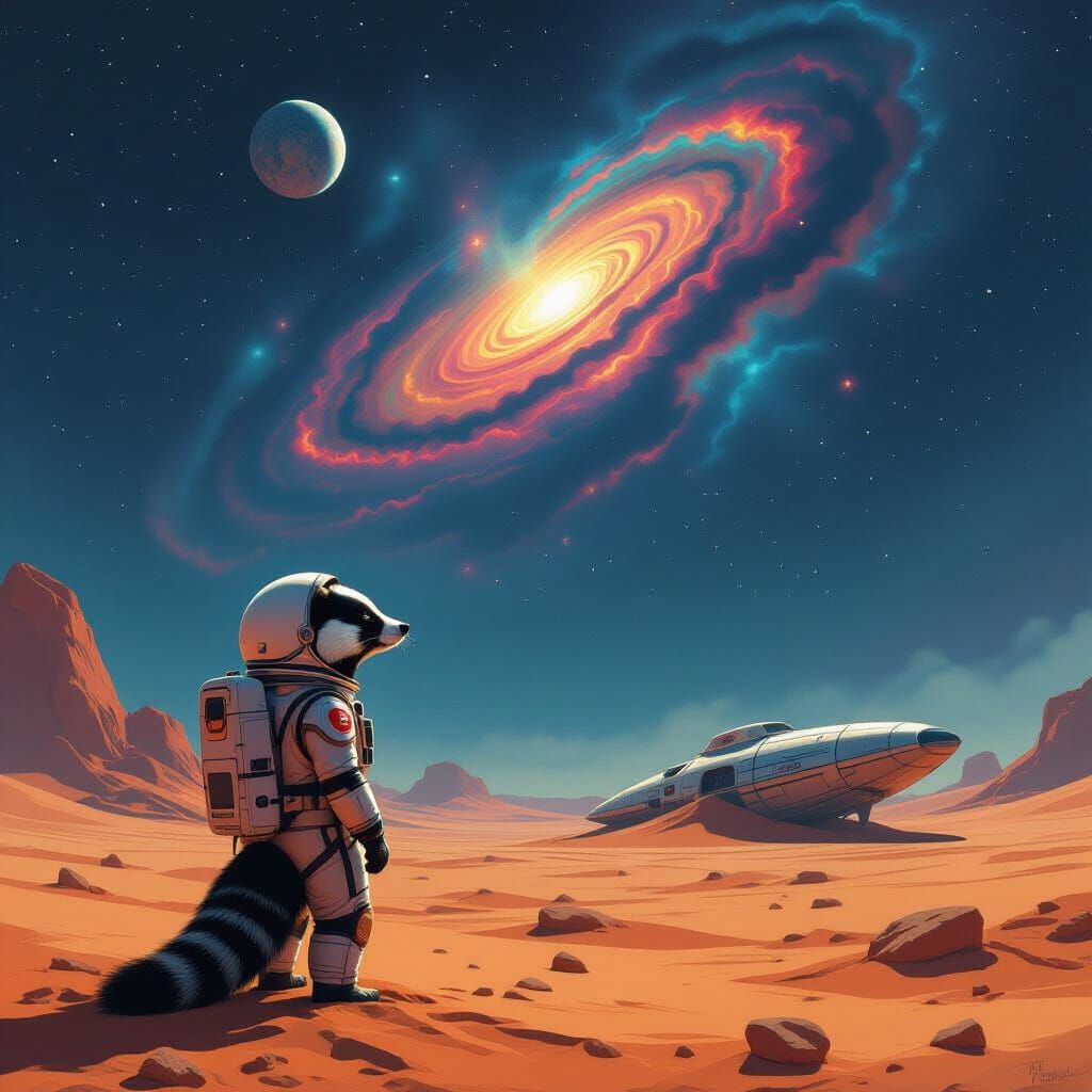 Astronaut Badger on Alien Planet Under Nebula