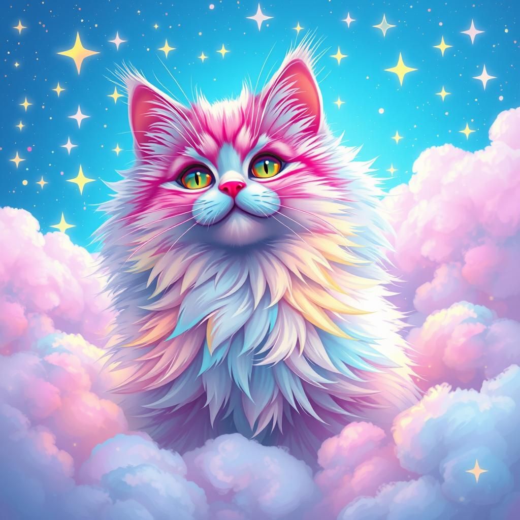 Neon Pastel Cat in Starry Sky, Digital Art
