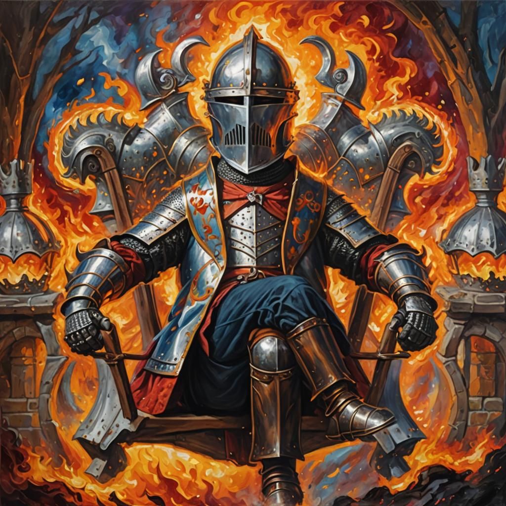 Knight Jumps Through Fire Ring: Oil Painting