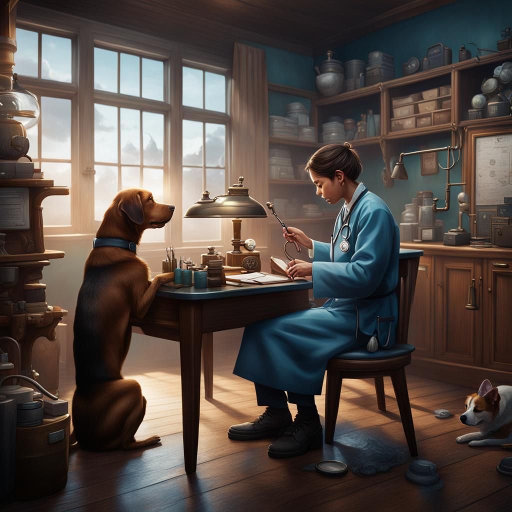 Doctor Examines Dog: Detailed Fantasy Concept Art