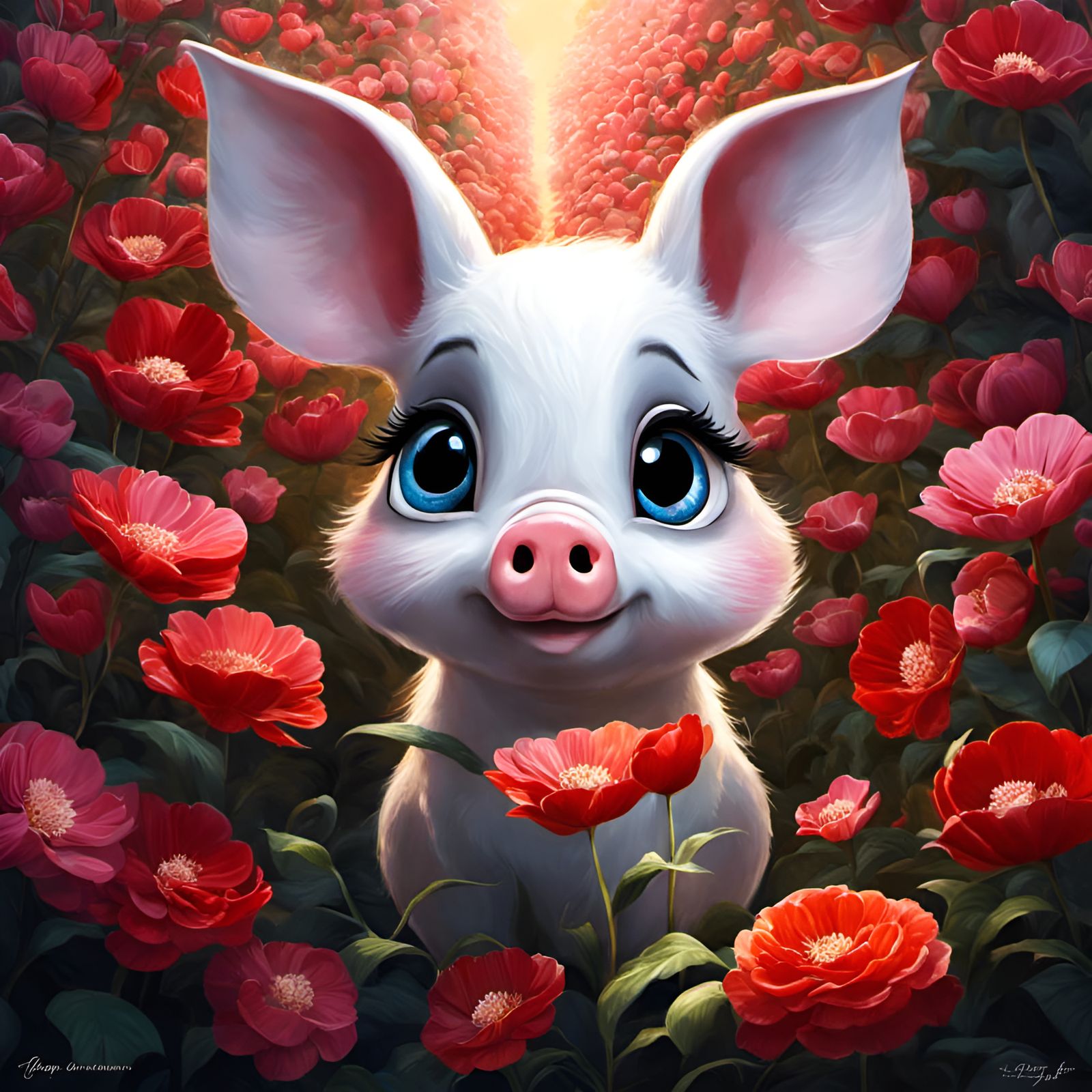 Sad Big-Eyed Piglet with Hearts and Flowers
