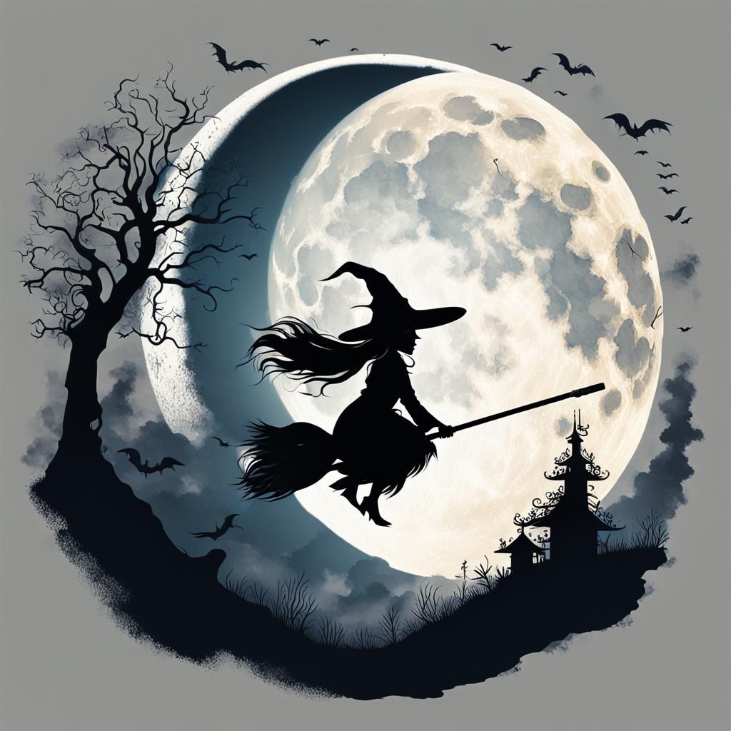 Mystical Witch Silhouette Against Moon in Double Exposure