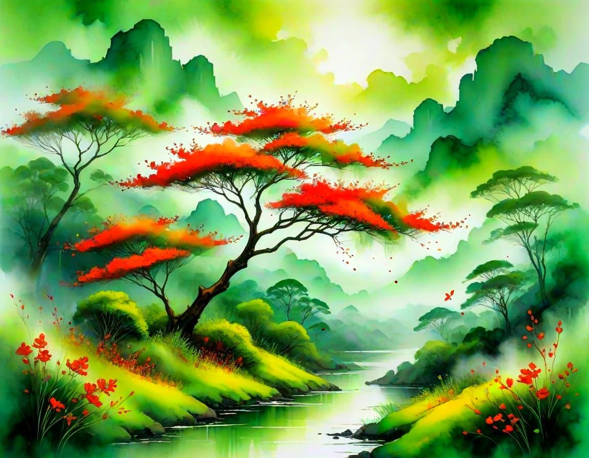 A beautiful red blooming acacia tree surrounded by green landscape