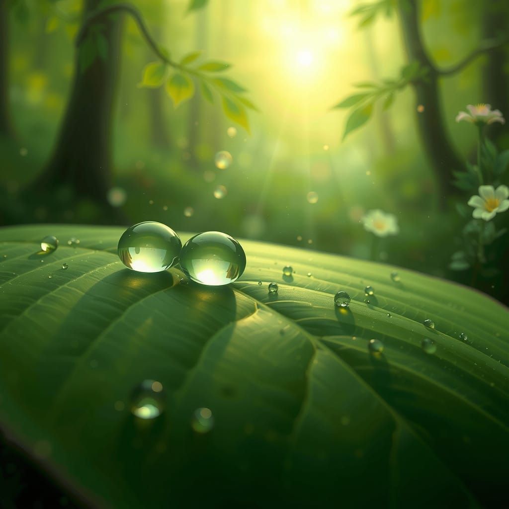 Glistening Dew Drops on a Lush Green Leaf