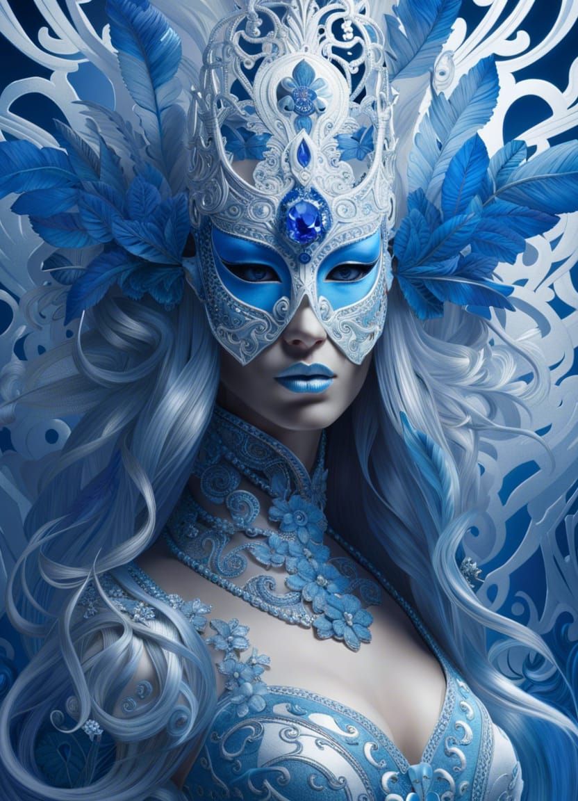 Mysterious Masquerade Queen in Sapphire and White
