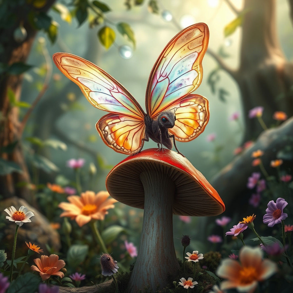 Iridescent Butterfly Creature in Whimsical Forest